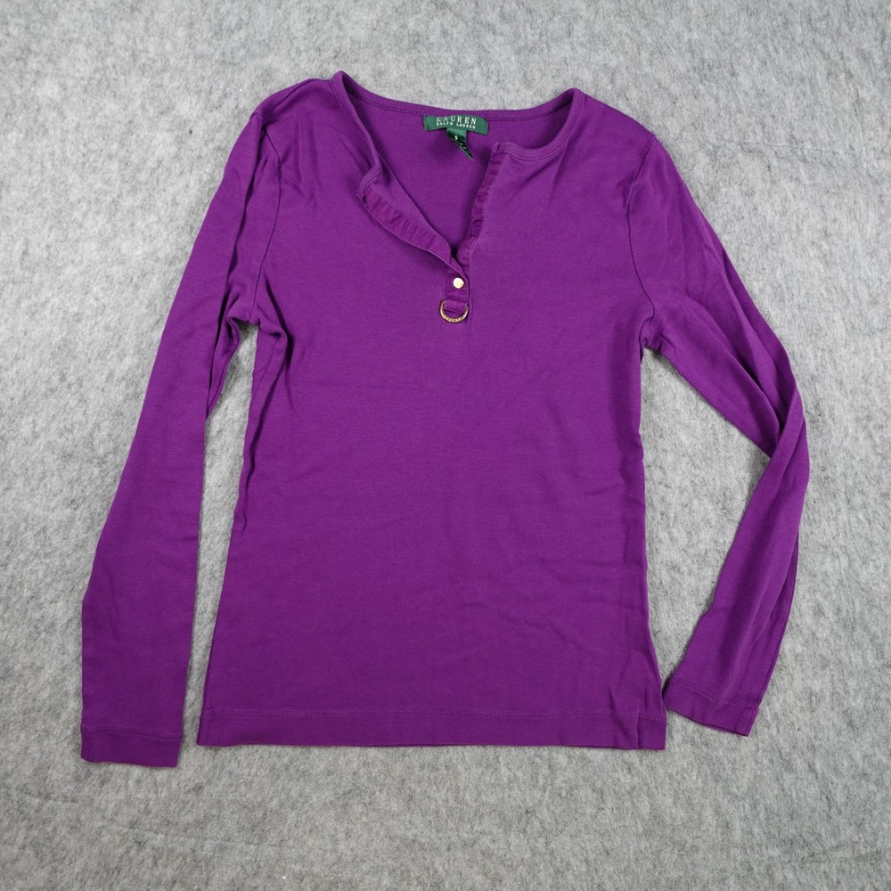 Ralph Lauren Top Women Small Purple Long Sleeve Henley Cotton Gold Ring D